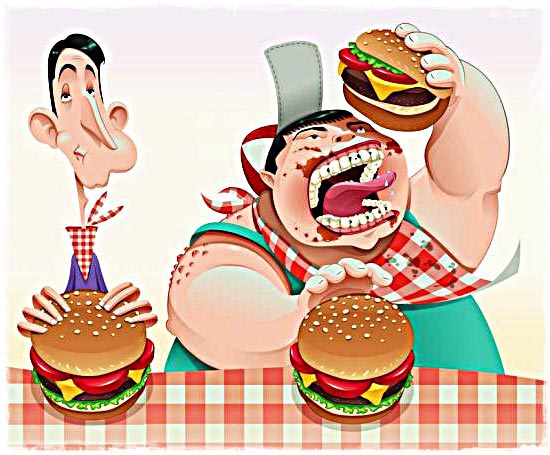 Толстый и тонкий едят гамбургеры